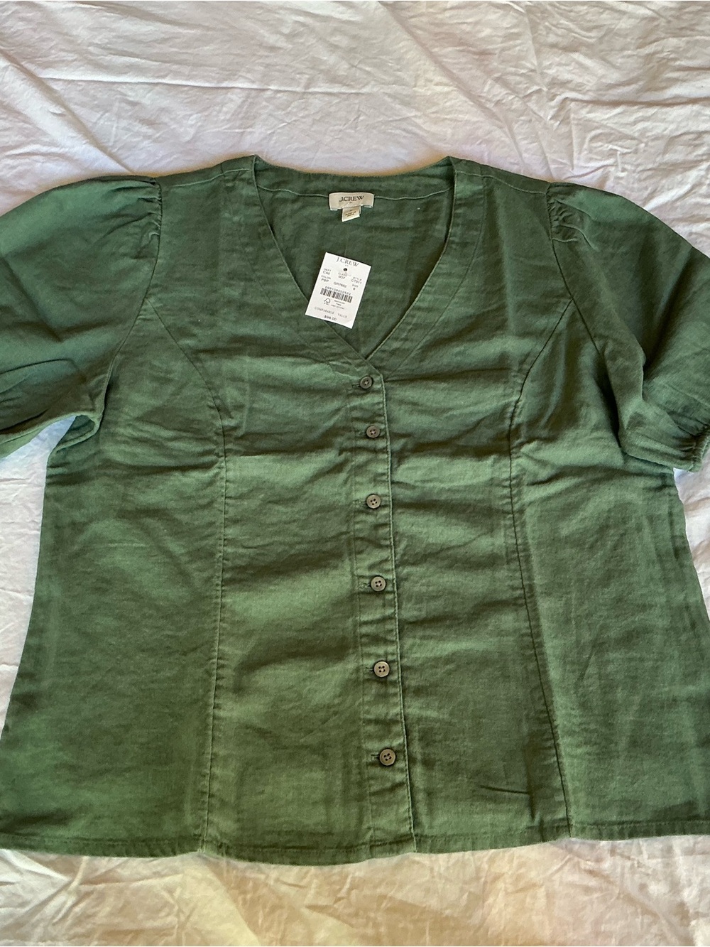 J. Crew Green Button-Front V-Neck Blouse